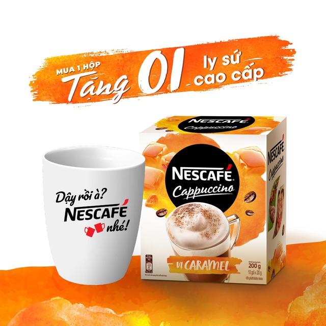 [Tặng ly sứ] Nescafe Cappuccino Vị Caramel (hộp 10 gói x 20 g)