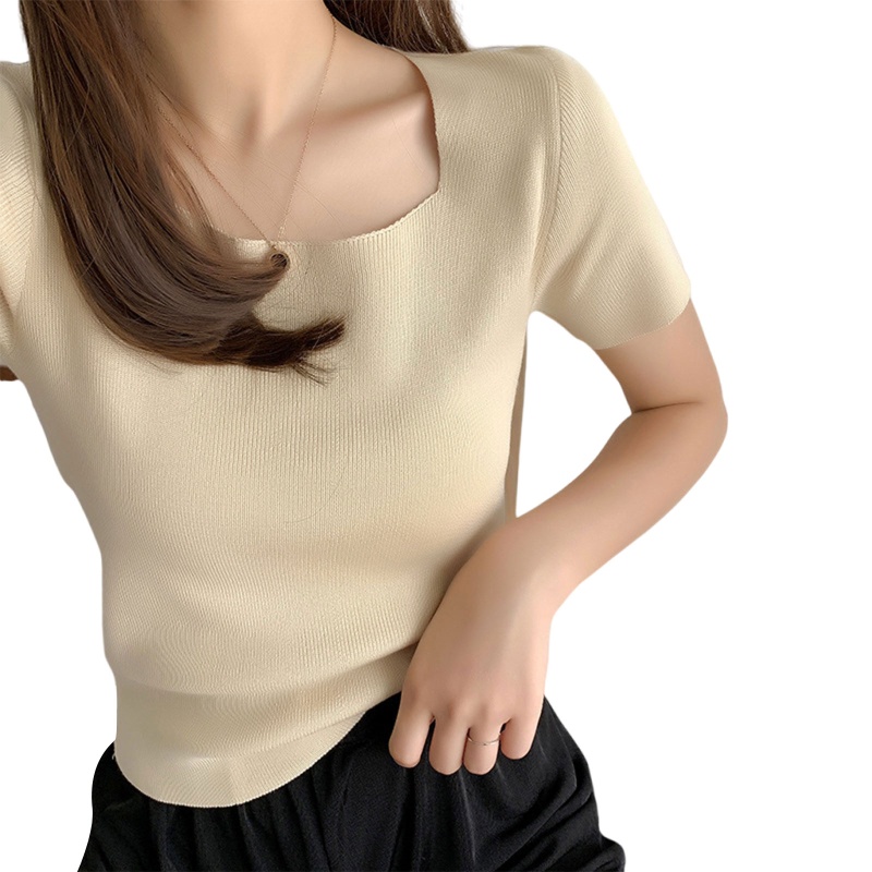 Áo Thun Dệt Kim Tay Ngắn Cổ Vuông Màu Trơn Dáng Ôm Thời Trang Cho Nữ