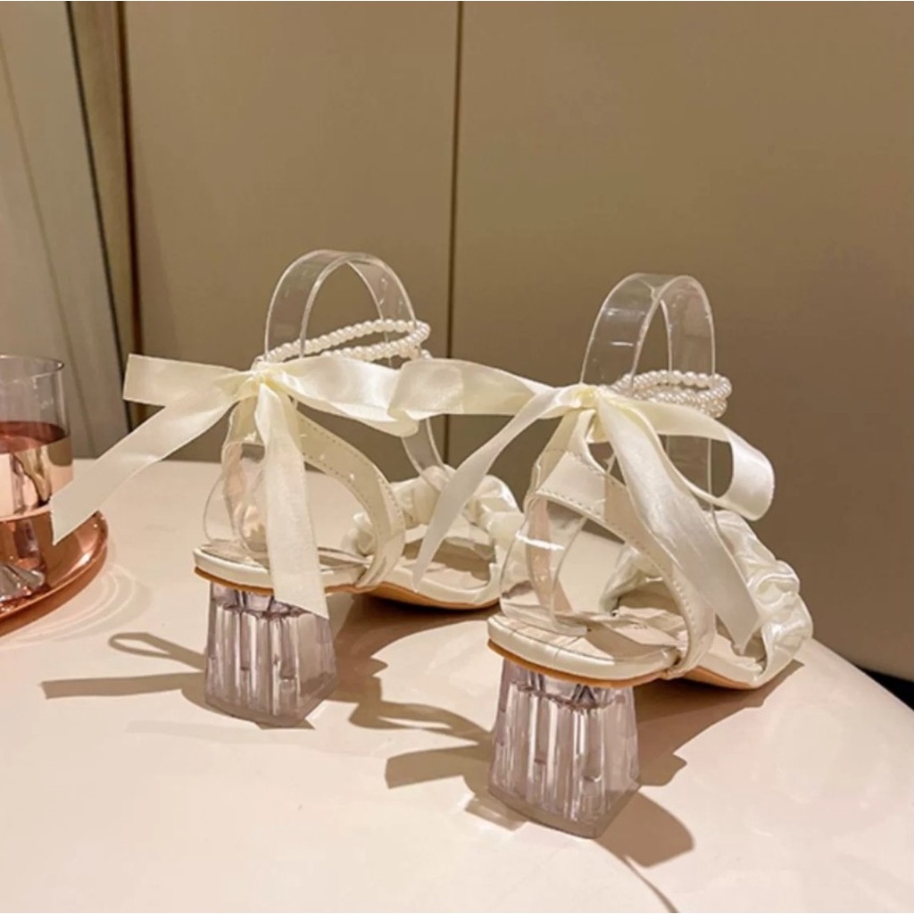 Sandal cao gót nữ quai voan gót trong 5 phân, sandal nữ gót trong chuỗi ngọc