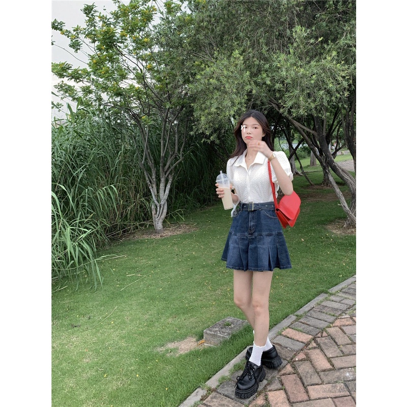 Chân Váy Jean Chữ A Lưng Cao Xếp Ly Thời Trang Mùa Hè Phong Cách Hàn Quốc Cho Nữ