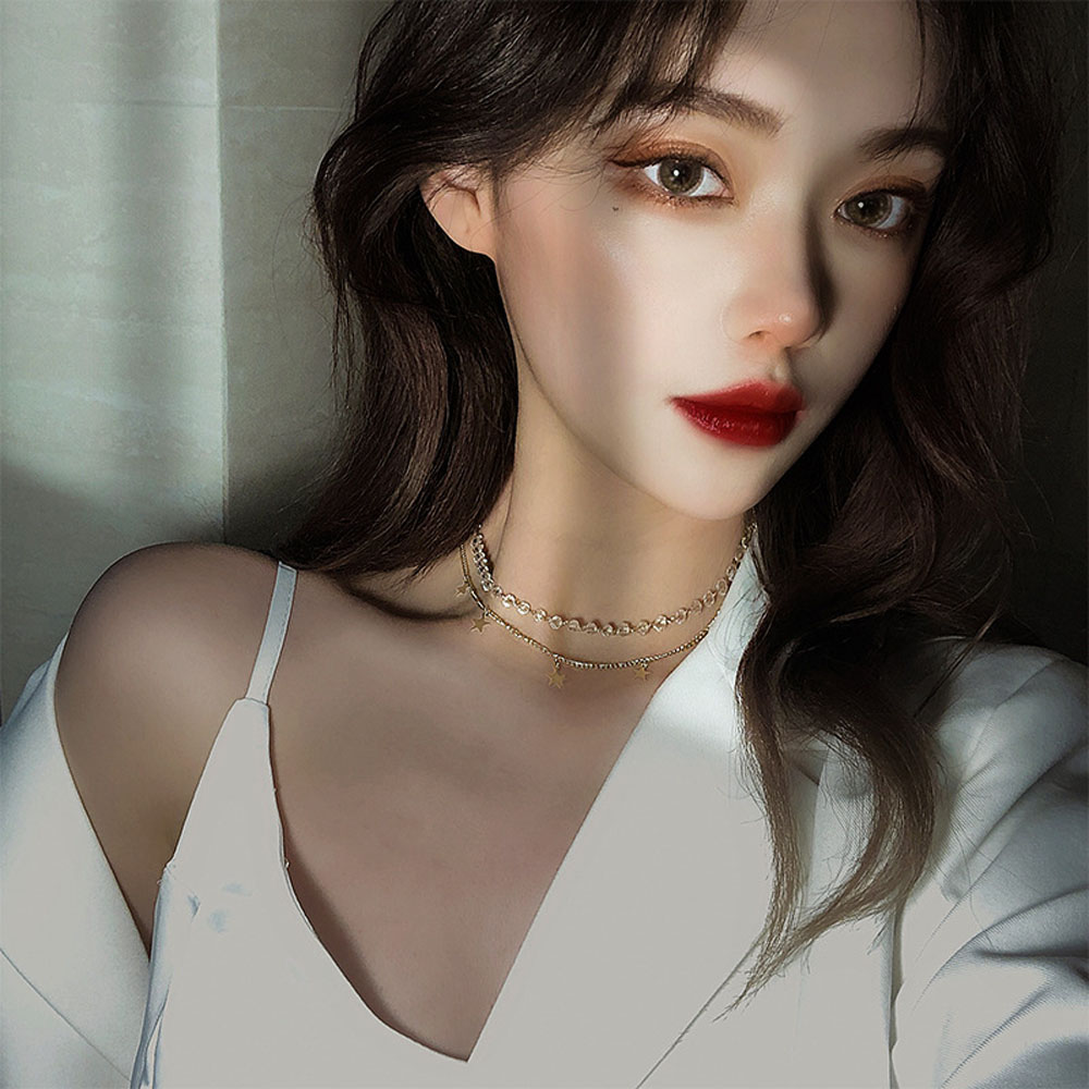 Vòng Cổ Choker Nhiều Lớp Mặt Ngôi Sao Lấp Lánh Xỏ Hạt Trong Suốt Thời Trang