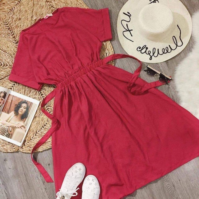 Đầm xoè thắt nơ đỏ freesize - Đầm midi dạo phố