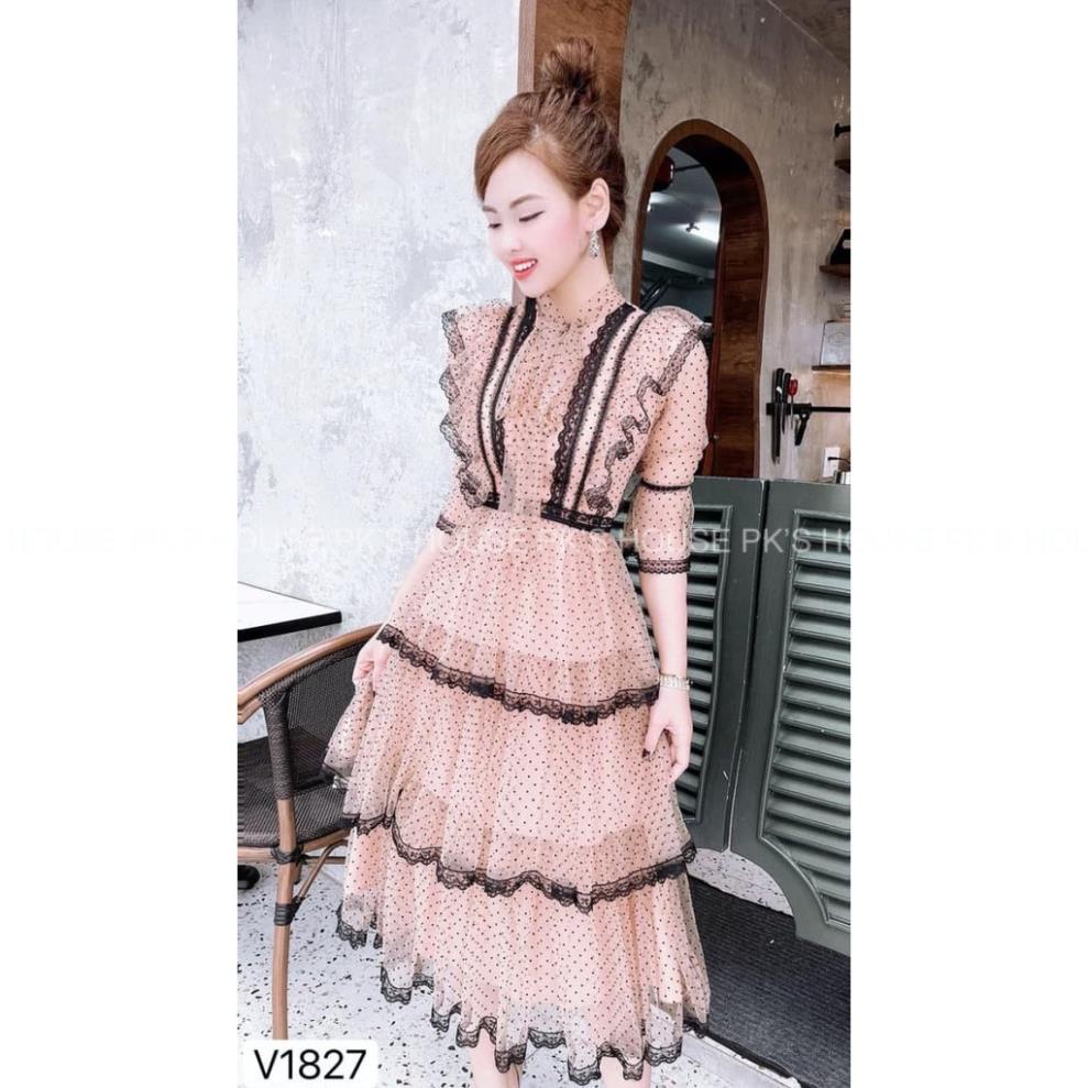 Váy Thiết Kế Dáng Xoè Be Chấm Bi Phối Ren Xếp Tầng V1827, Đầm Công Chúa Cao Cấp - PK Official  ྇