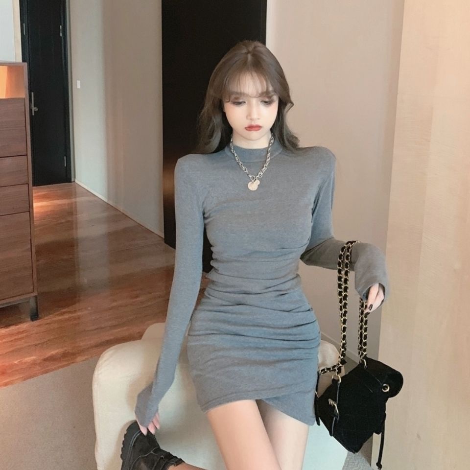 COZOK Đầm Tay Dài Dáng Ôm Xếp Ly Quyến Rũ Thời Trang Cho Nữ