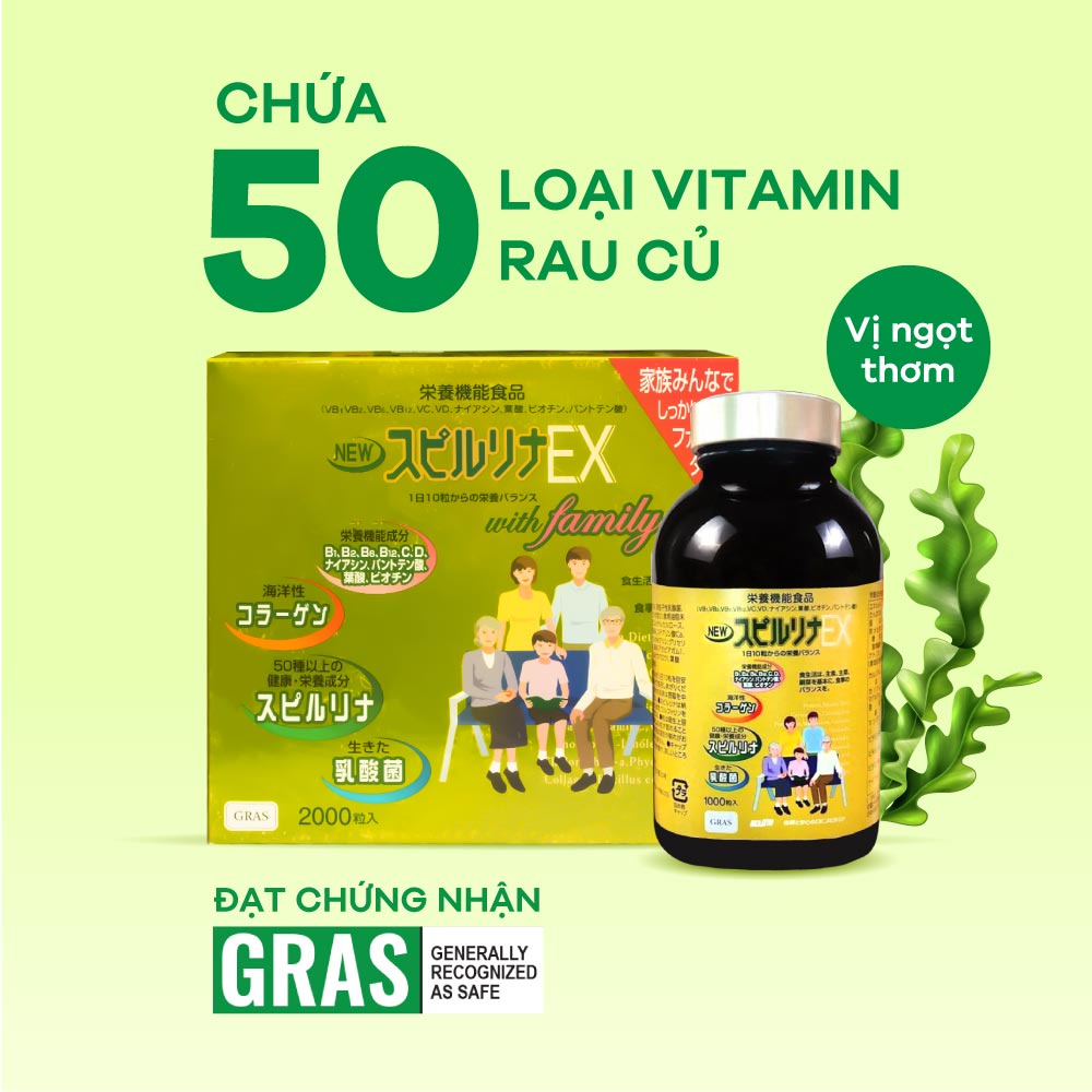 Tảo vàng Spirulina EX Nhật Bản (1 set 2 lọ, mỗi lọ 1000 viên)