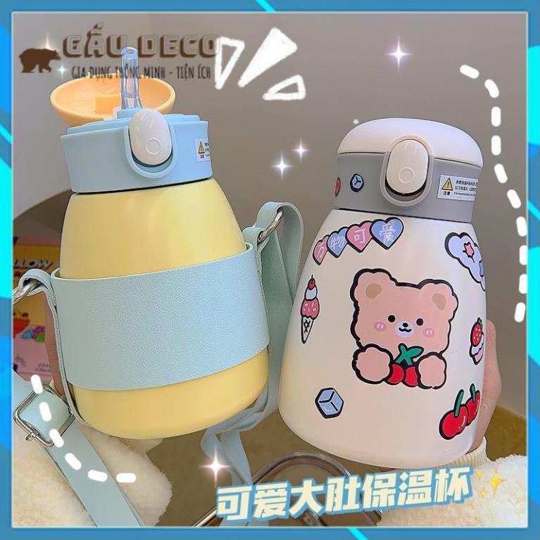 Bình giữ nhiệt cute , 600ml dễ thương , chất liệu inox 304 , bình học sinh , có ống hút , nắp mở bấm nút
