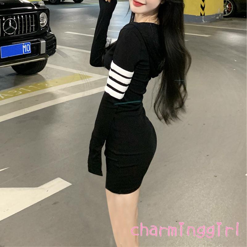 Đầm ôm body tay dài họa tiết sọc ngang một mảnh thanh lịch