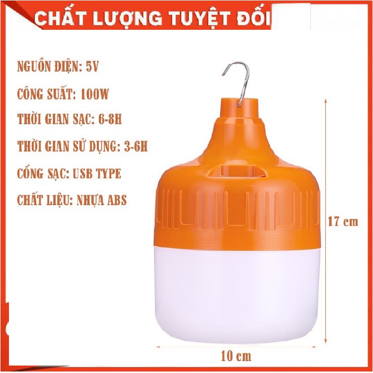 Bóng Đèn LED Sạc Tích Điện,Sạc Pin Ánh Sáng Trắng, có móc treo,tiết kiệm năng lượng,công suất 100W