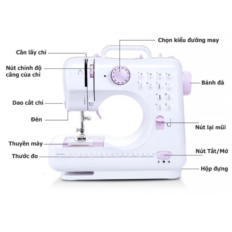 Máy may mini gia đình có vắt sổ UFR, máy khâu mini 12 đường may có vắt sổ, may được vải thun, kèm chân vịt