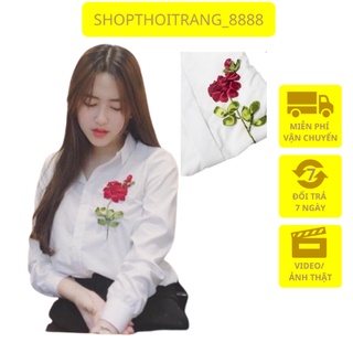 Áo sơ mi nữ dài tay thêu hoa hồng thanh lịch siêu hot