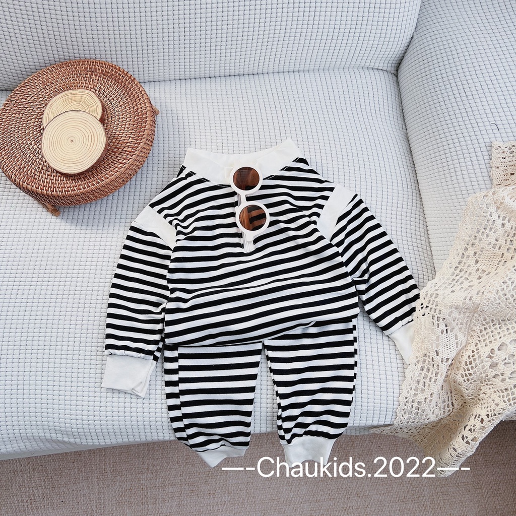 [SALE] Bộ Dài Tay Vải Len Zip Hàn Quốc Bé Trai, Bé Gái Kẻ Sọc Phối Tay, Bộ Quần Áo Cho Bé Mặc Thu Đông CKTD15