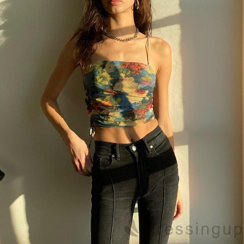 Áo Hai Dây In Hoa Thiết Kế Dây Rút Cá Tính Cho Nữ