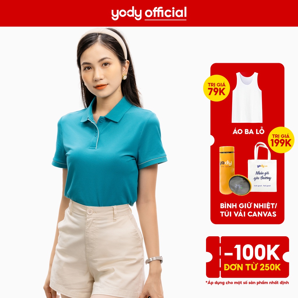Áo polo YODY nữ vải mắt chim solid phối bo dáng ôm màu xu hướng APN5404