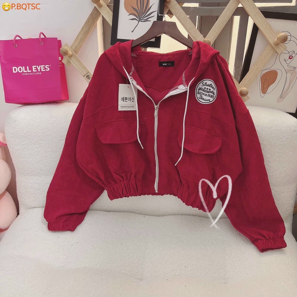 Áo khoác nhung nữ thêu chữ trước sau GDDG 1 lớp croptop