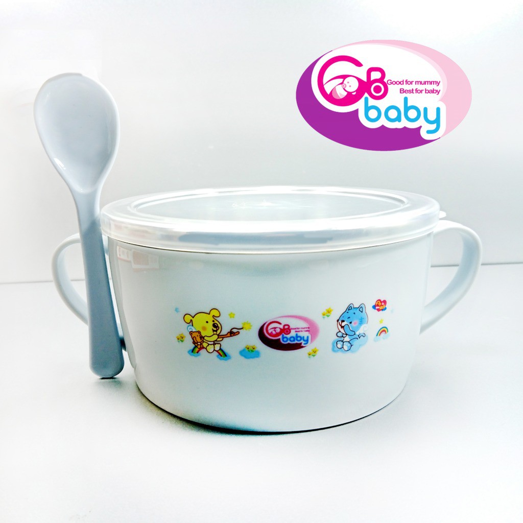 Bát inox ăn dặm 7709 GB Baby có năp đậy và thìa cho bé dung tích chứa 720ml