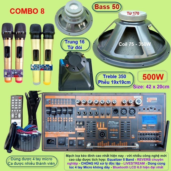 Mạch loa kéo 5 tấc đơn 500W Reverb chống hú DSP Livestream Equalizer 5 Band  kèm 4 tay Micro