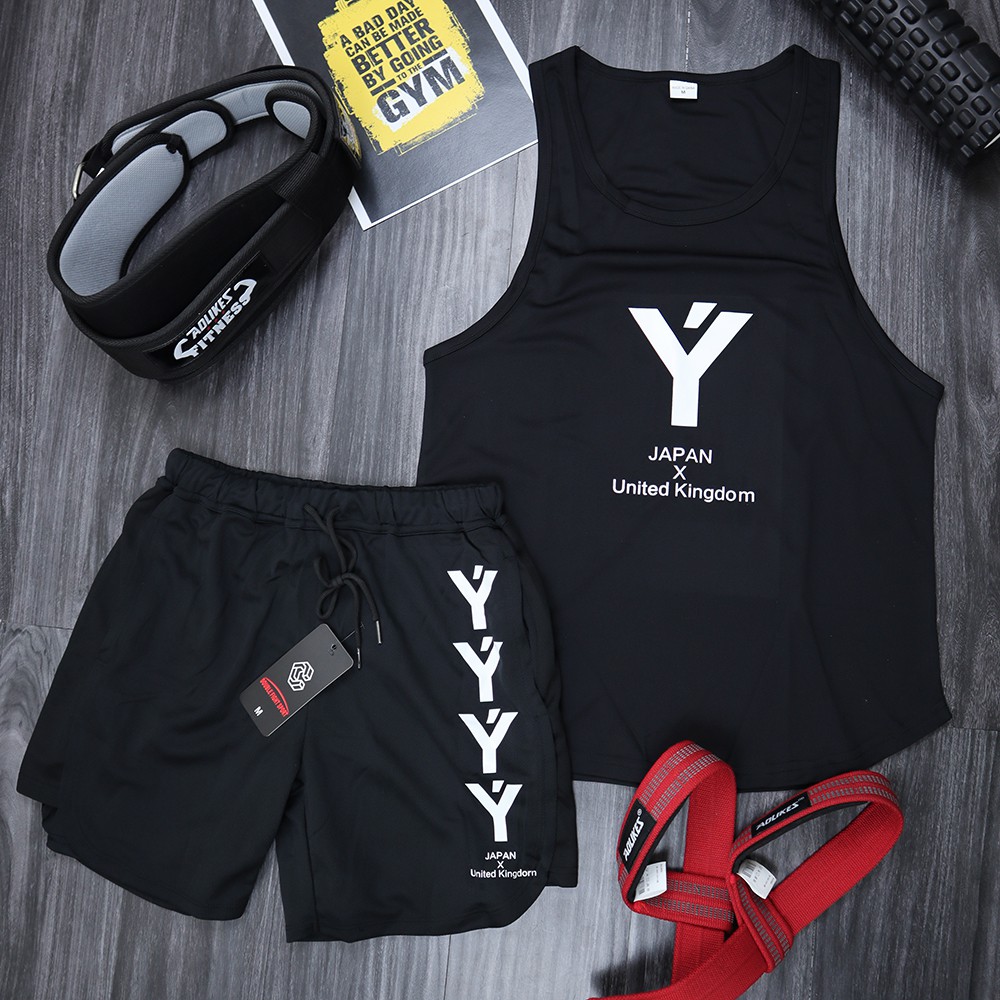Bộ quần áo tập gym nam YT quần short + Áo tank top nam mặc đi tập chất vải thun lưới thoáng mát