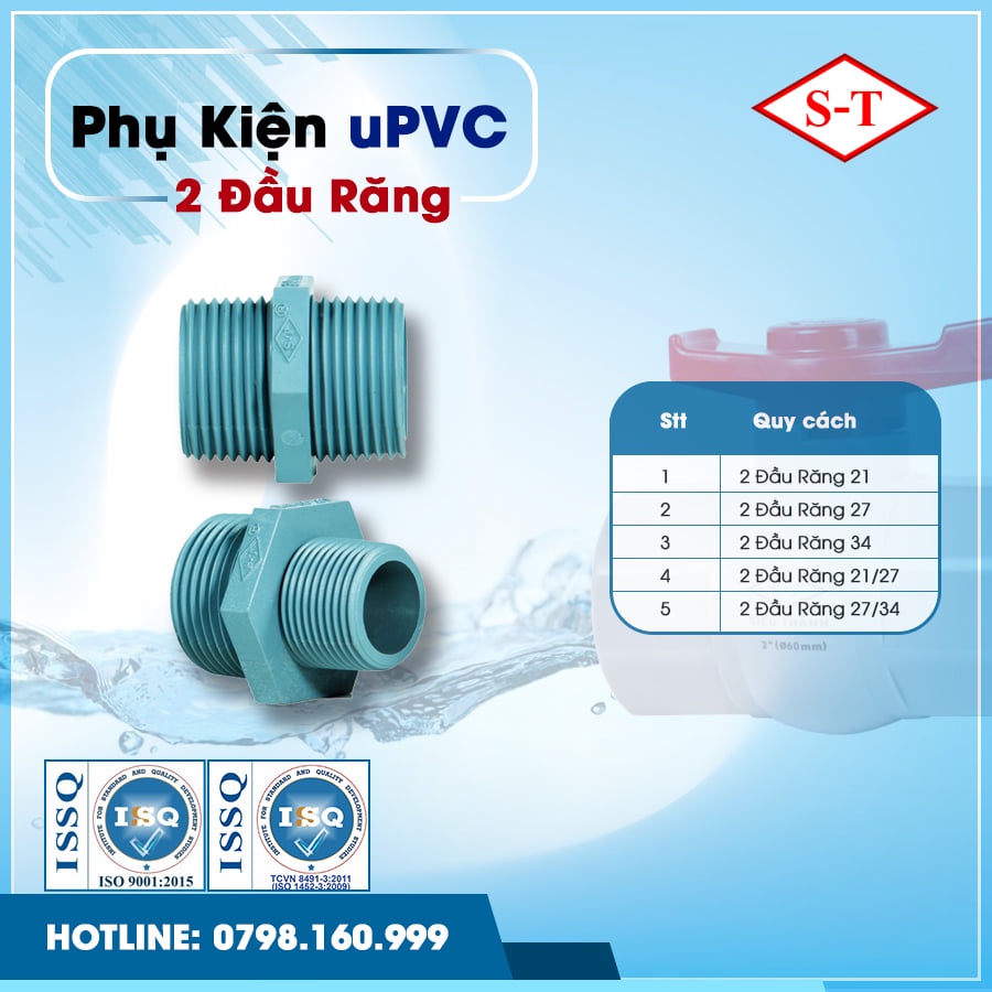 Kép nối nhựa 2 đầu ren ngoài 21,27,34 phụ kiện ống nước PVC 2 đầu răng