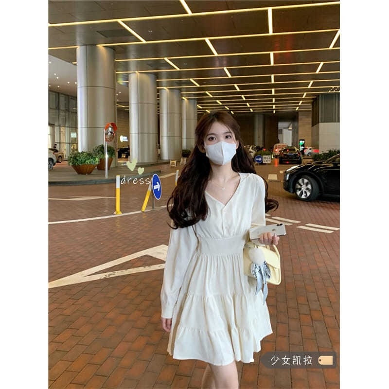 Đầm Tay Dài Cổ Chữ V Nhấn Eo Phong Cách Retro Kiểu Pháp Thời Trang Thu Đông Mới Cho Nữ