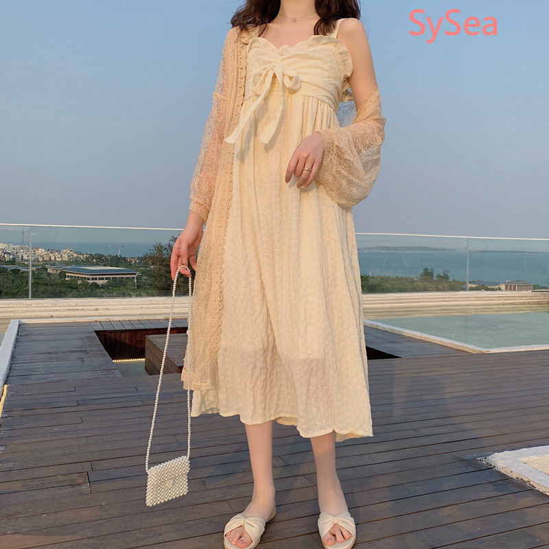 Women Bowknot Hollow Lace Long Dress + Long Sleeve Cardigan