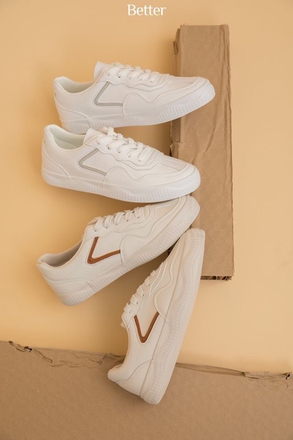 Giày nữ da trắng Sneaker All White viền chữ V Better Shoes 021019001 021019002
