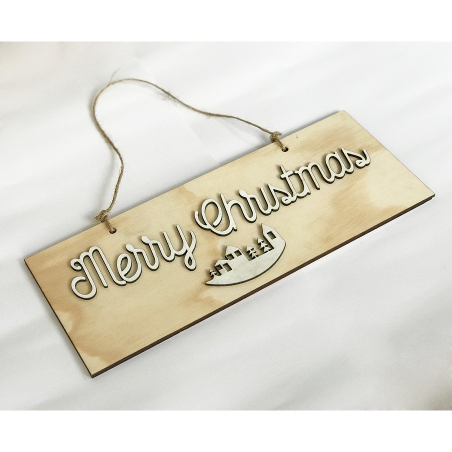 Phụ kiện trang trí Noel: Bảng treo cửa vintage hình chữ nhật khắc chữ Merry Christmas