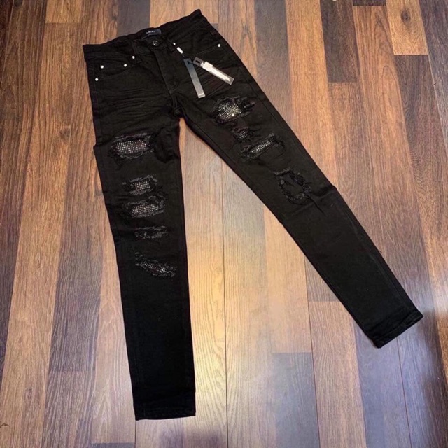 Quần bò nam đen rách đính đá, quần bò đen ốn đứng rách gối chất co dãn hàng spf.