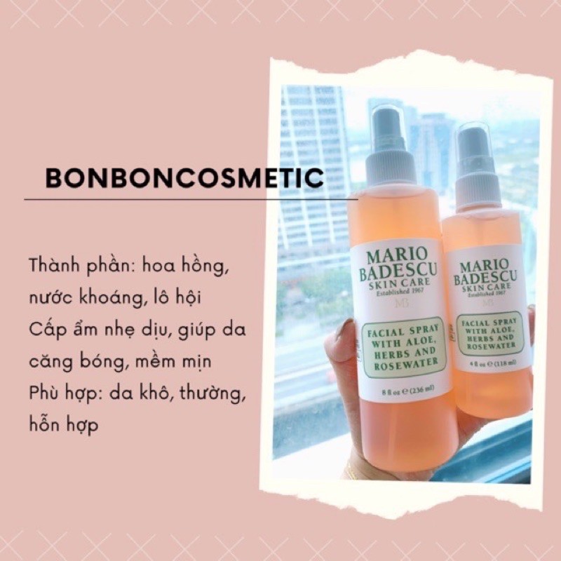 TONER THẢO MỘC MARIO Badescu Facial Spray With Aloe, Herbs & Rosewater 236ml