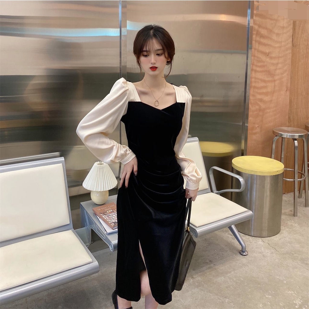 ZHELIHANGFEI Váy xẻ tà tay bong bóng eo hiển thị nhiệt độ giảm béo thời trang gợi cảm