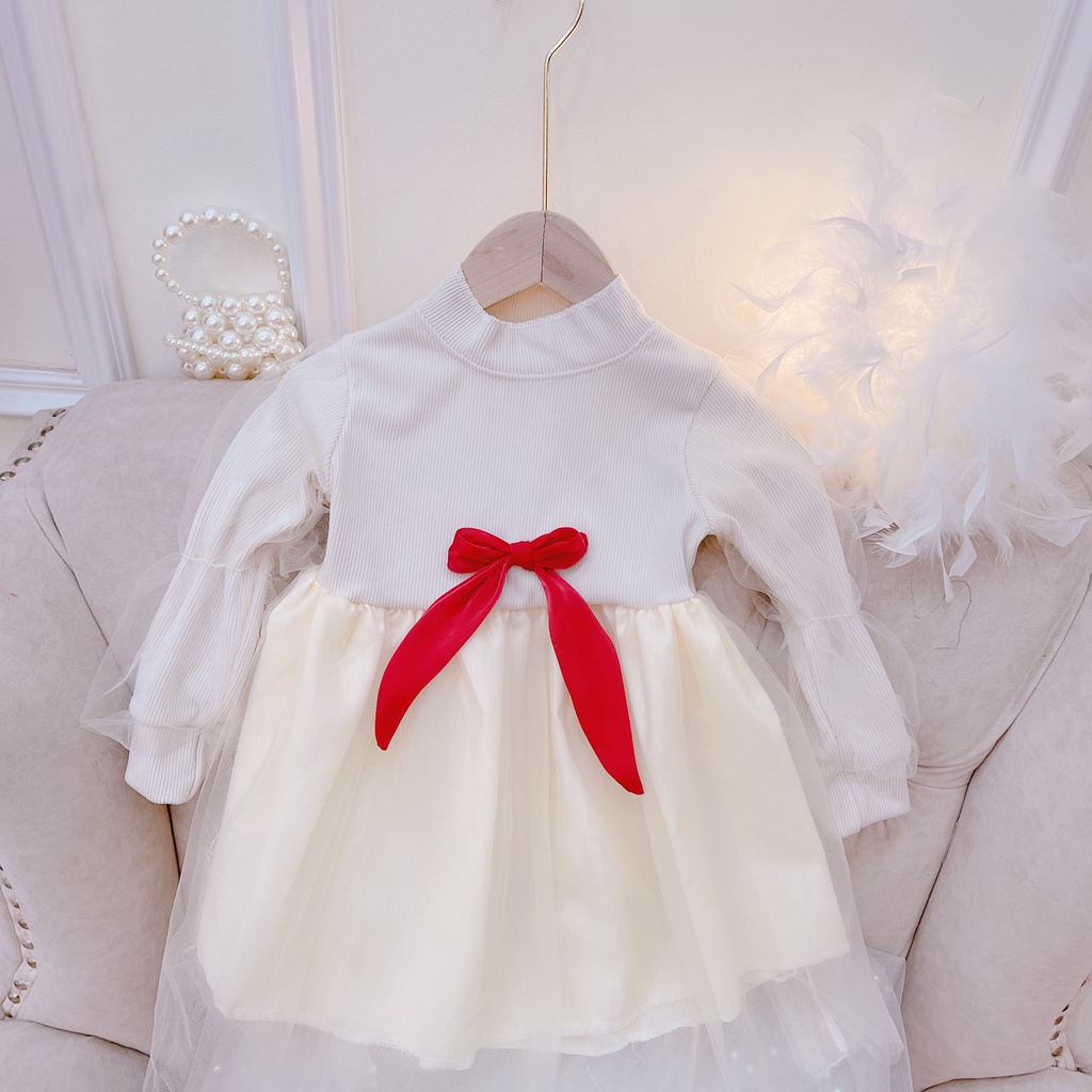 Váy thu đông bé gái, váy len nhung phối ren nơ đỏ chất siêu mềm cho bé