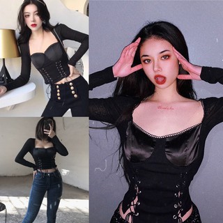 Áo Croptop tay dài FREE SHIP dây đan phía trước Quảng Châu cao cấp
