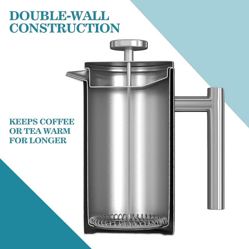 350ML French Press,12Oz, Double Wall Stainless Steel Tea Cafetiere Kettle, with Coffee Measuring Spoon &2 Filter Screens