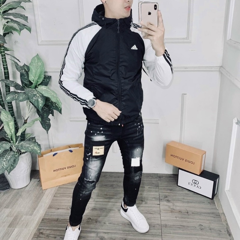 Áo khoác gió nam nữ ads phối viền 3 kẻ sọc 2 lớp dầy dặn