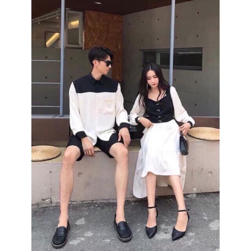 Set áo sơ mi nam + váy nữ phối màu trắng đen, phong cách cổ điển cao cấp