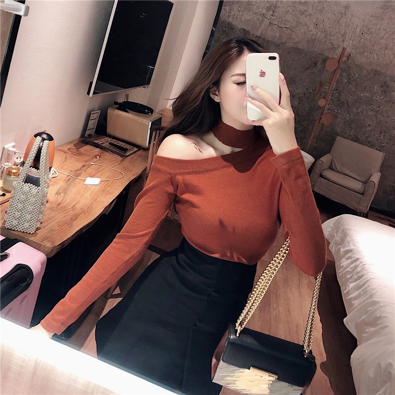 (Order-M) Ulzzang Áo len mỏng trễ vai cổ choker M002