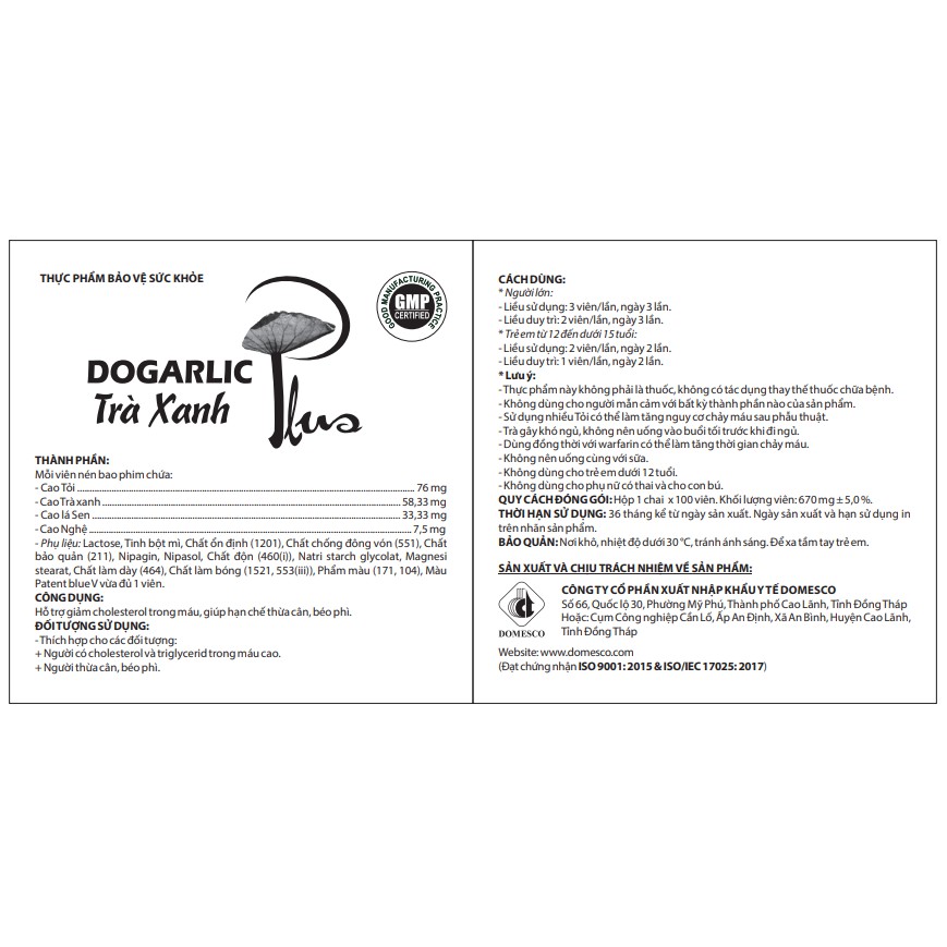 Viên Uống Giảm Cân, Giảm Mỡ Máu Dogarlic Trà Xanh Plus - Lọ 100 Viên