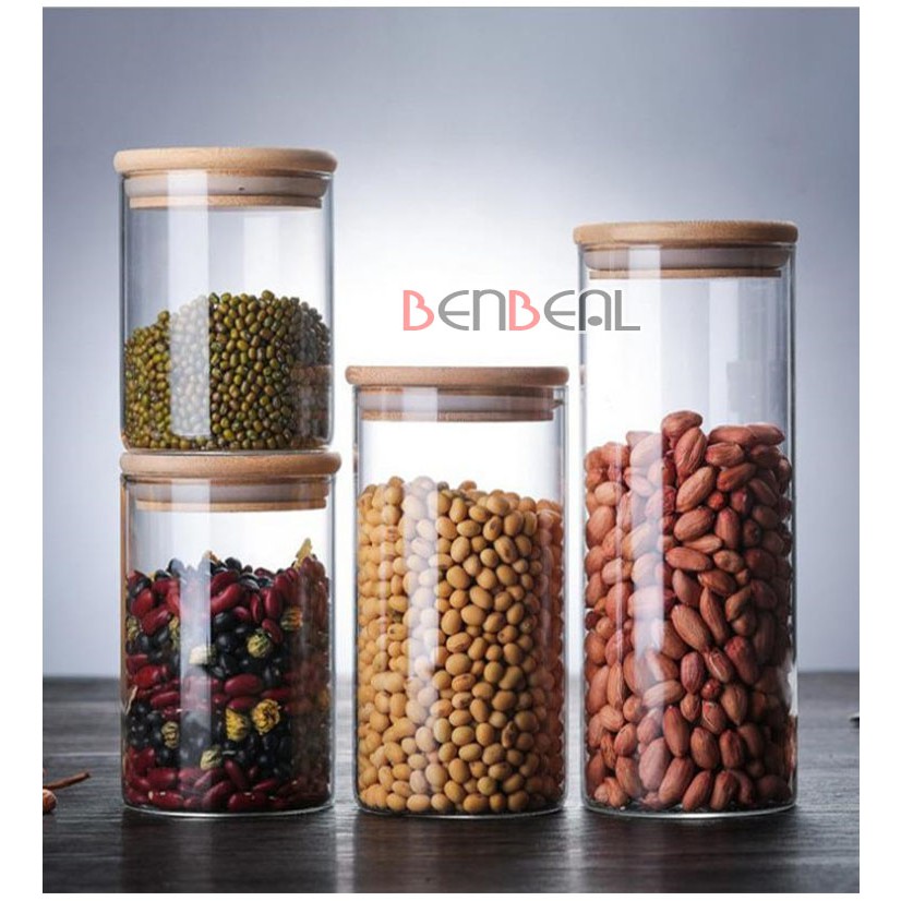 Hộp Thủy Tinh, Lọ Thủy Tinh, Hũ Thủy Tinh Nắp Gỗ BENBEAL 200ml 270ml 350ml 500ml 750ml 1000ml 1200ml