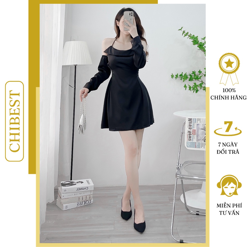 Đầm lụa 2 dây chéo lưng tay rơi sang trọng CHIBEST HDB95