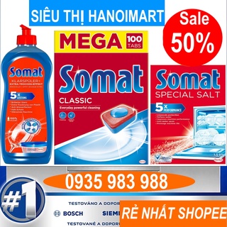Combo 100 Viên rửa bát Somat + 1.5kg muối rửa bát + Nước làm bóng Somat