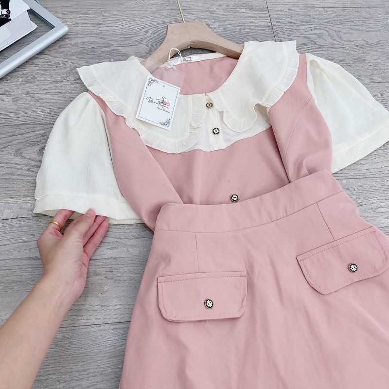 [ 𝐅𝐑𝐄𝐄 𝐒𝐇𝐈𝐏 ] SÉT ÁO PHỐI CỔ BÈO MIXX CHÂN VÁY KAKI 2 DA CHUẨN ĐẸP LUÔN Ạ