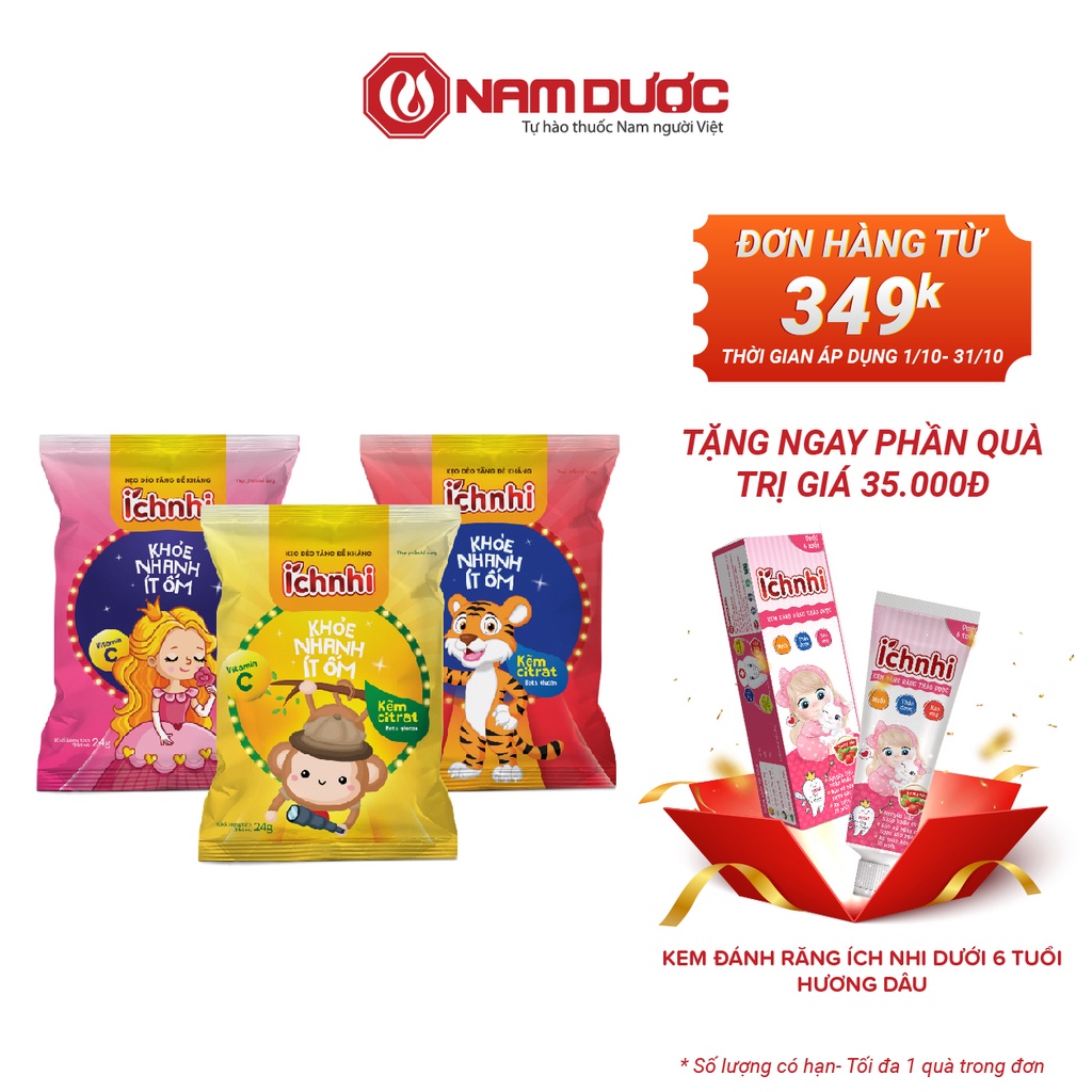 Kẹo dẻo tăng sức đề kháng Ích Nhi (dây 10 gói) bổ sung vitamin C củng cố hệ miễn dịch, giúp trẻ ăn ngon, hấp thu tốt