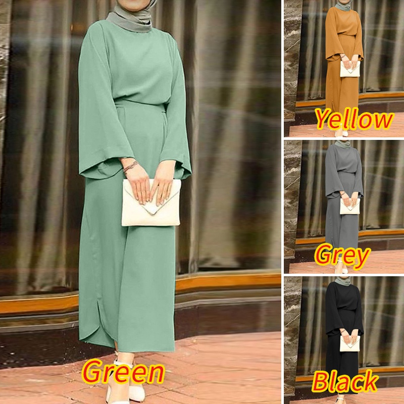Zanzea Bộ Áo Tay Dài Ống Loe Kèm Quần Dài Lưng Thun Màu Trơn Dành Cho Phụ Nữ Hồi Giáo