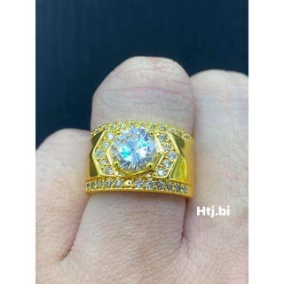 nhẫn nam mạ vàng kiểu tròn đính đá ôm tay màu vàng sáng bóng htj