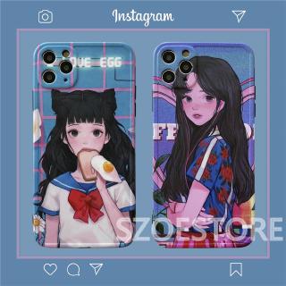 iPhone 11 Pro Max X XS XR XSMax 8 7 Plus SE 2020 Cartoon Cute Girl Camara Full-cover Photo Frame Soft Phone Case Cover