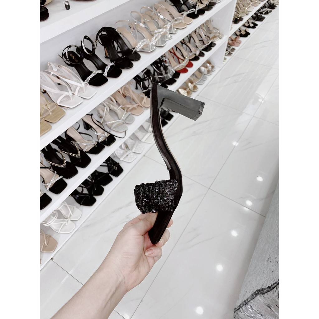 Dép guốc quai ngang nhún đính đá kim tuyến 7cm - BT600