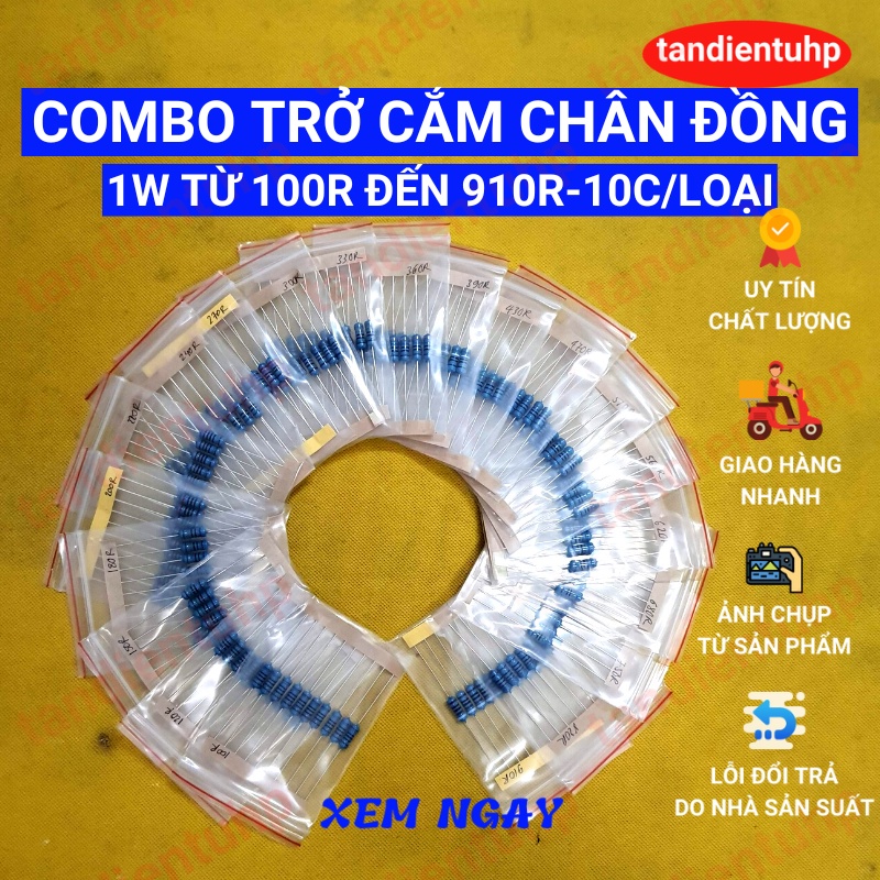 Trở cắm 1W màng kim loại, chân Đồng, sai số 1% , 21 mã từ 100R đến 910R mỗi mã 10 chiếc, thương hiệu Đài Loan