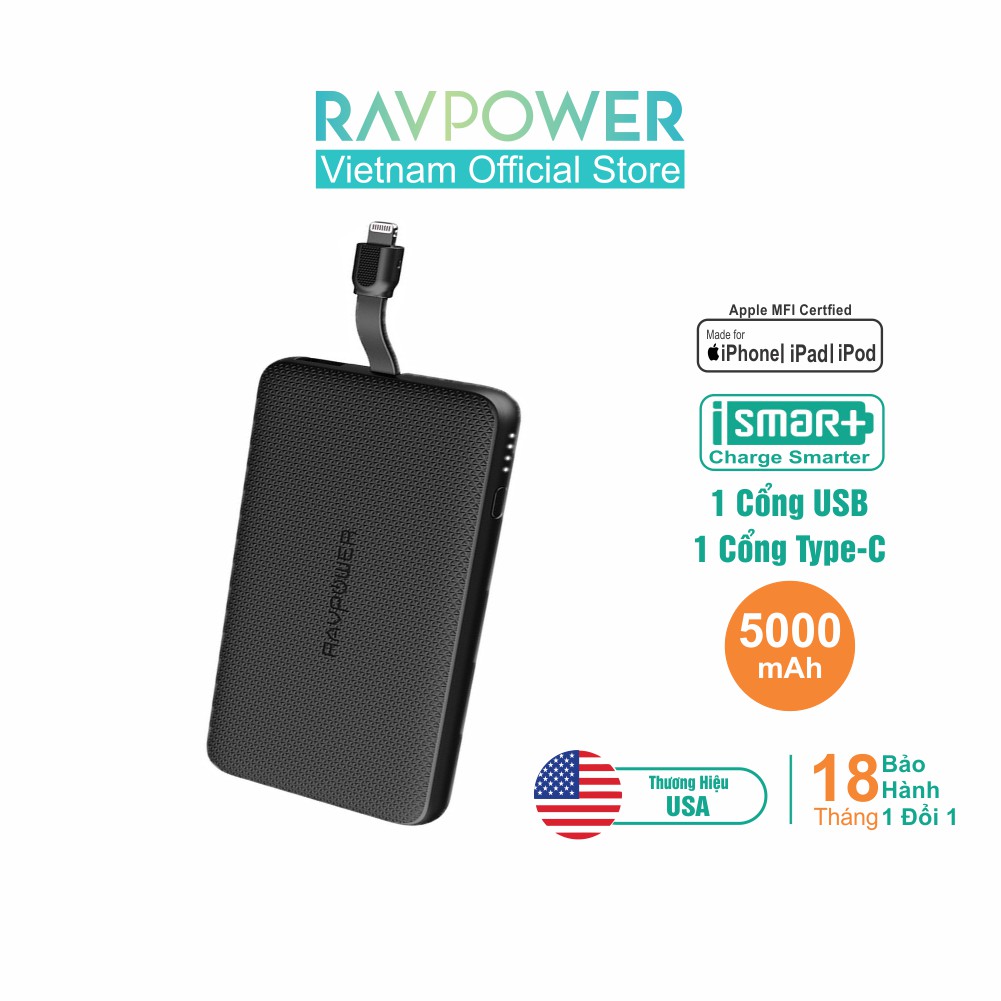 Pin Sạc Dự Phòng RAVPower 5000mAh Tích Hợp Cáp Sạc Lightning cho iPhone, iPad RP-PB098 - Hàng Chính Hãng