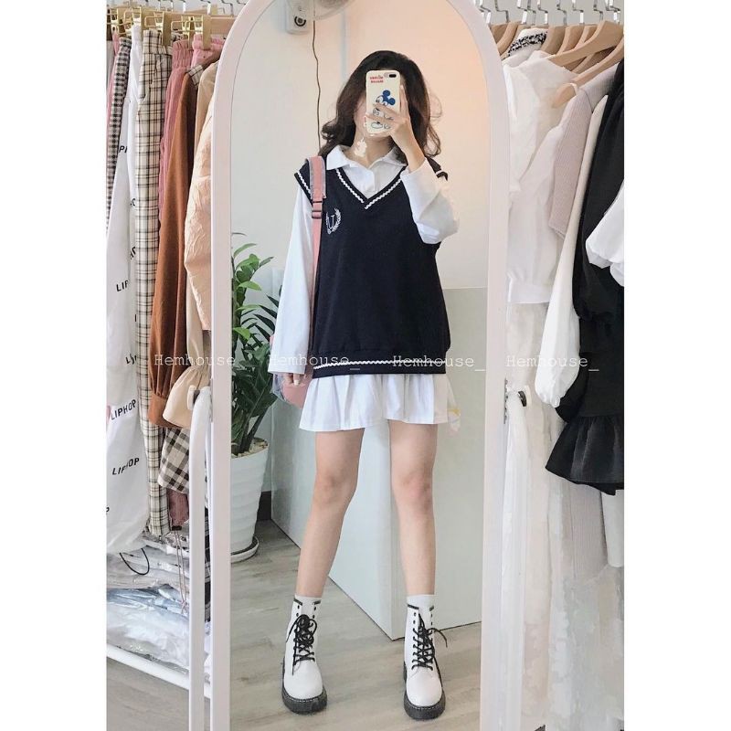 Set yếm đen học sinh gồm 2 món áo gile thêu viền kẻ, váy polo trắng đuôi cá kèm ảnh thật