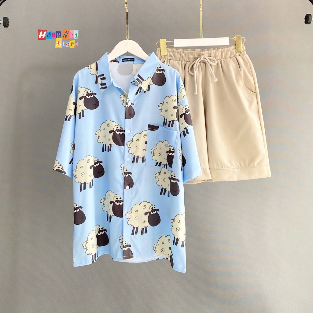 Áo Sơ Mi Họa Tiết Đi Biển Con Cừu Hoạt Hình Tay Lỡ Dáng Rộng Ulzzang Unisex - MM