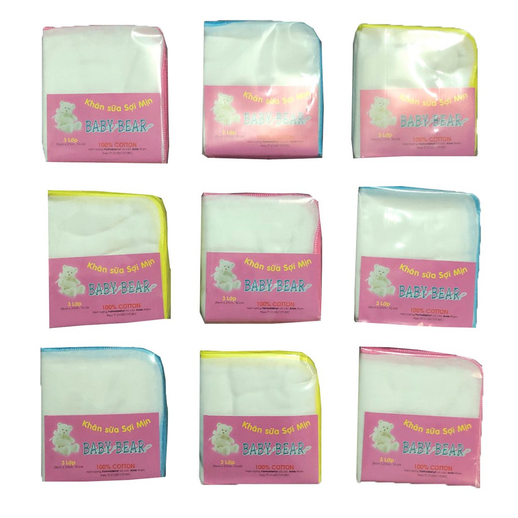 Túi 10 cái khăn sữa gạc xô 3 lớp sợi Mịn Baby Bear- Kích thước khăn 25x27 cm